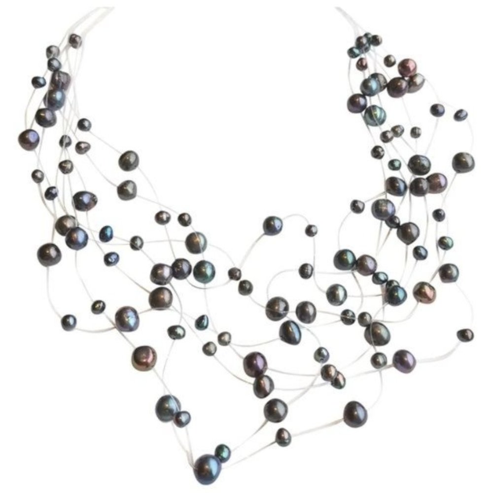 Peacock Grey floating illusion freshwater pearl necklace